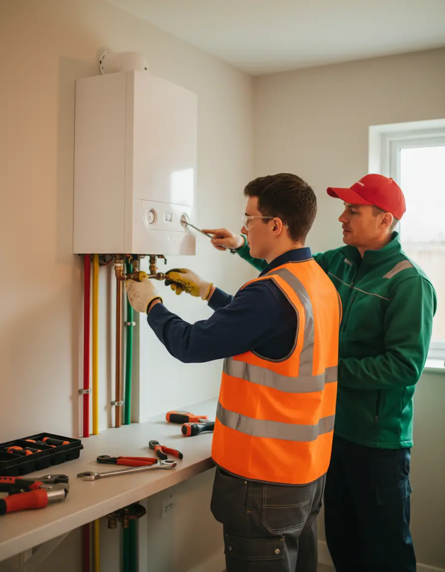 Gas engineer apprentice learning boiler installation with mentor
