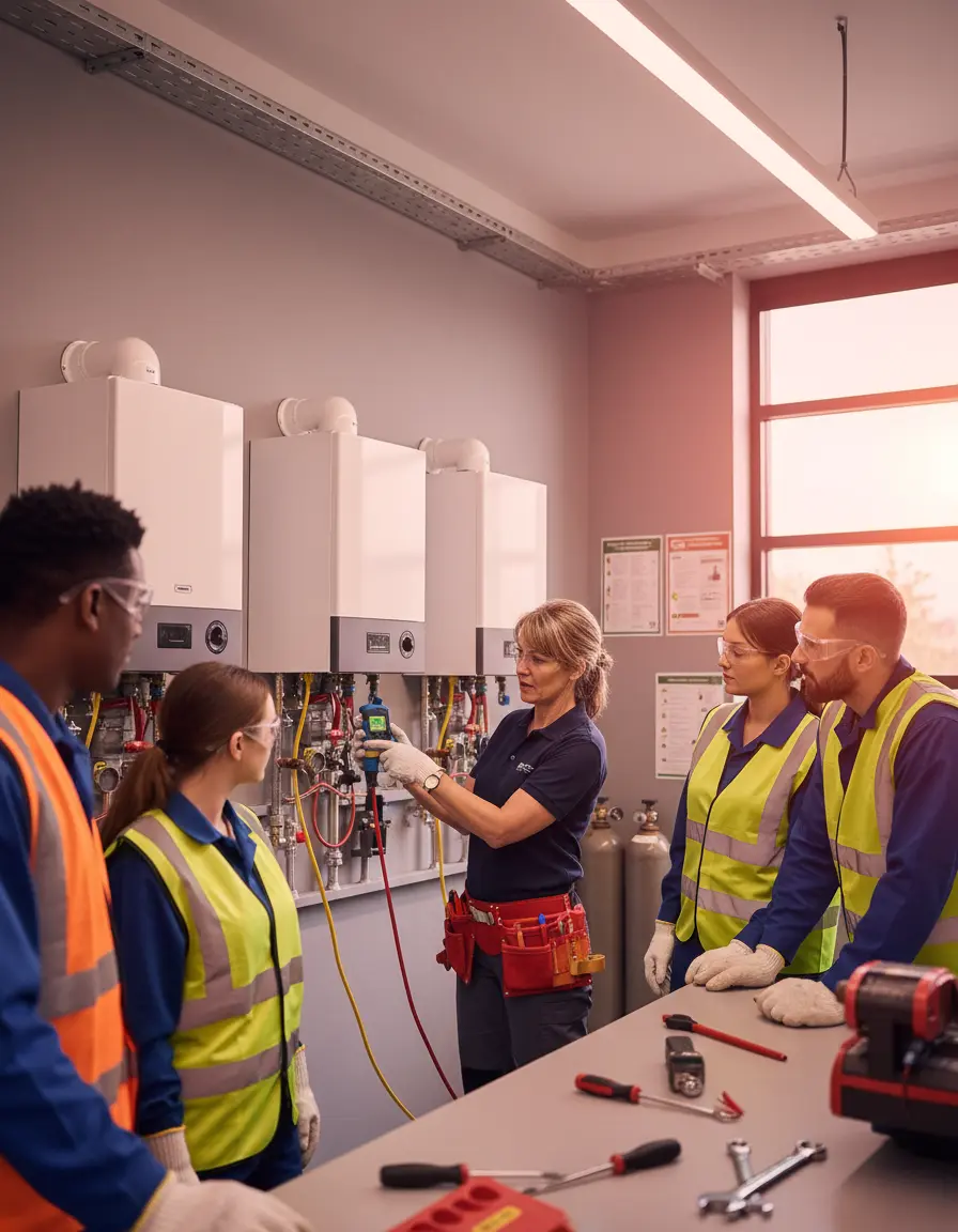 Adult students learning gas engineering skills in professional training workshop