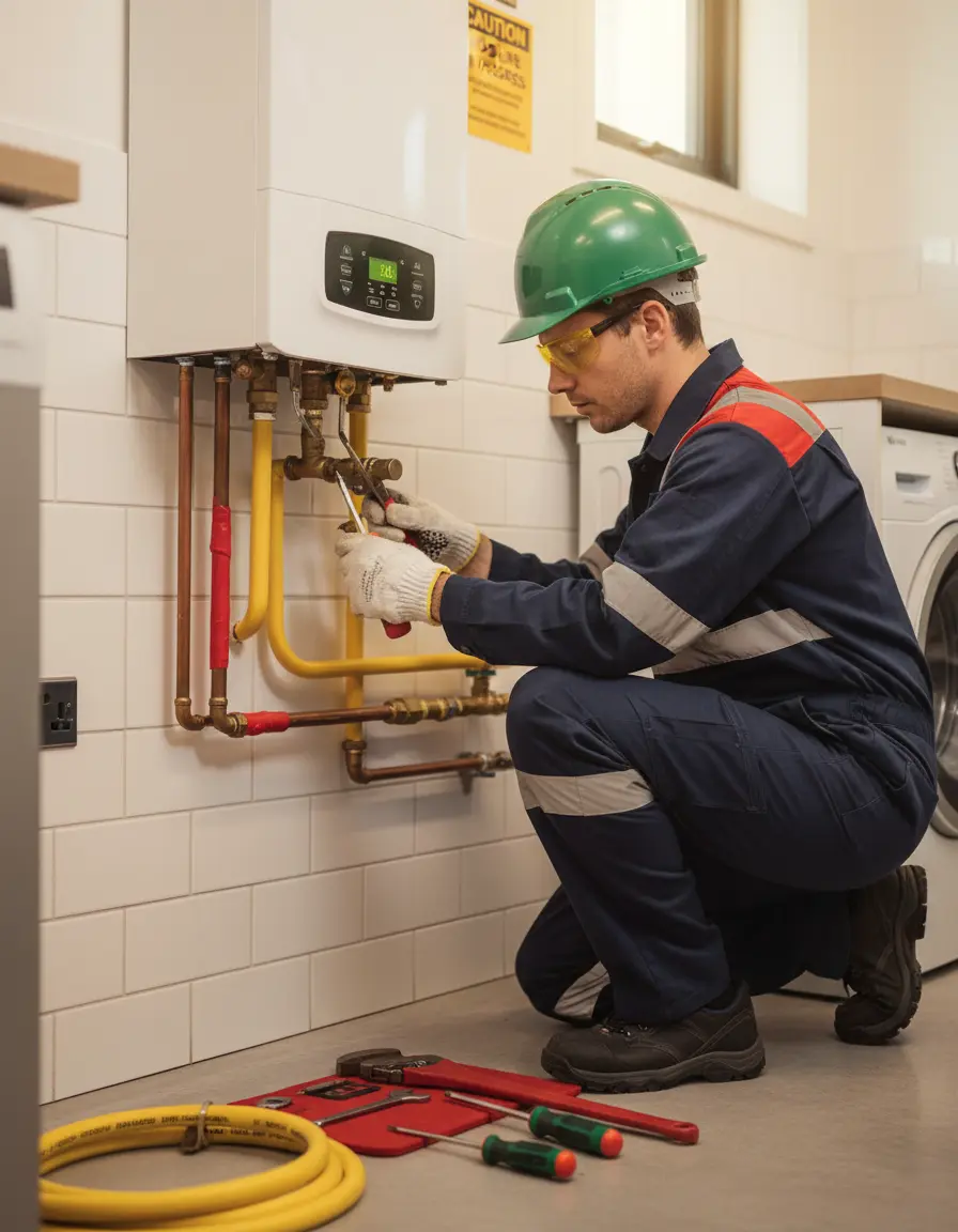 Gas engineer installing boiler system with professional tools