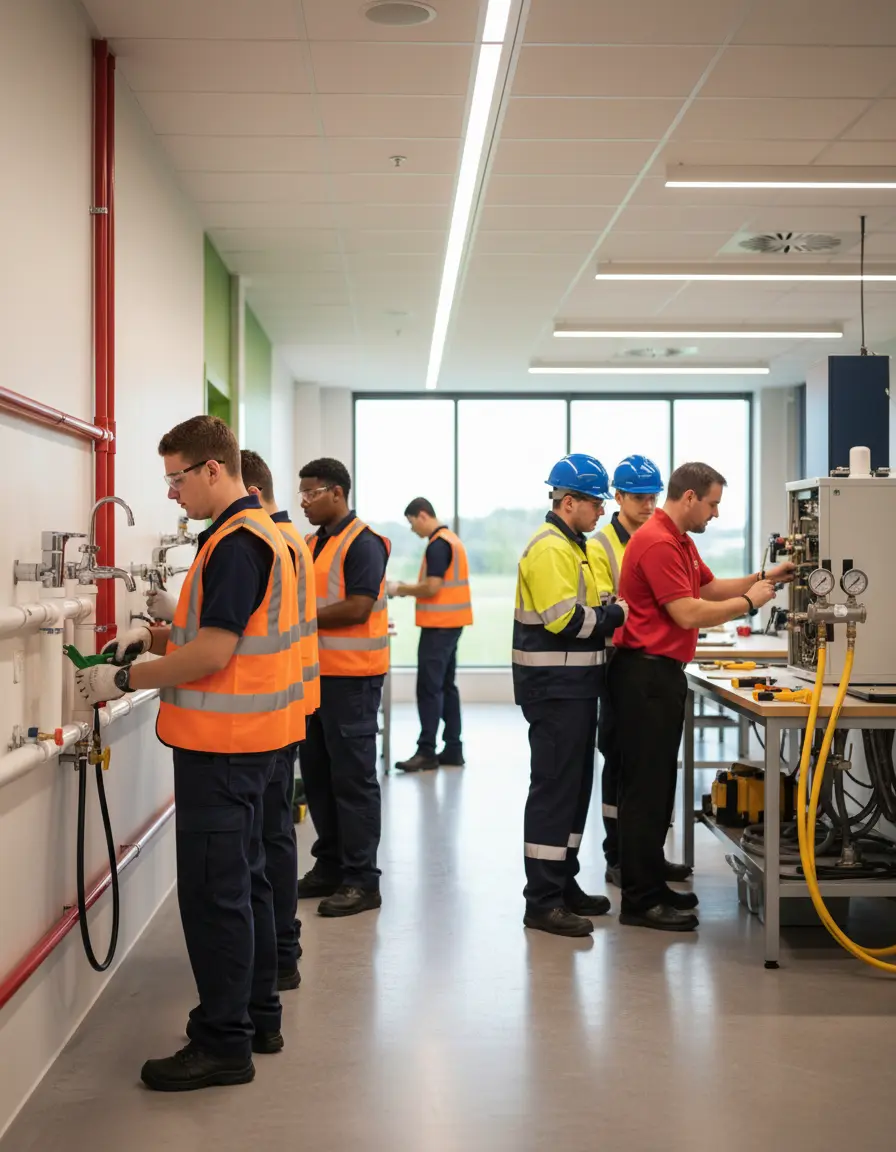 Students training on gas and plumbing equipment in professional workshop
