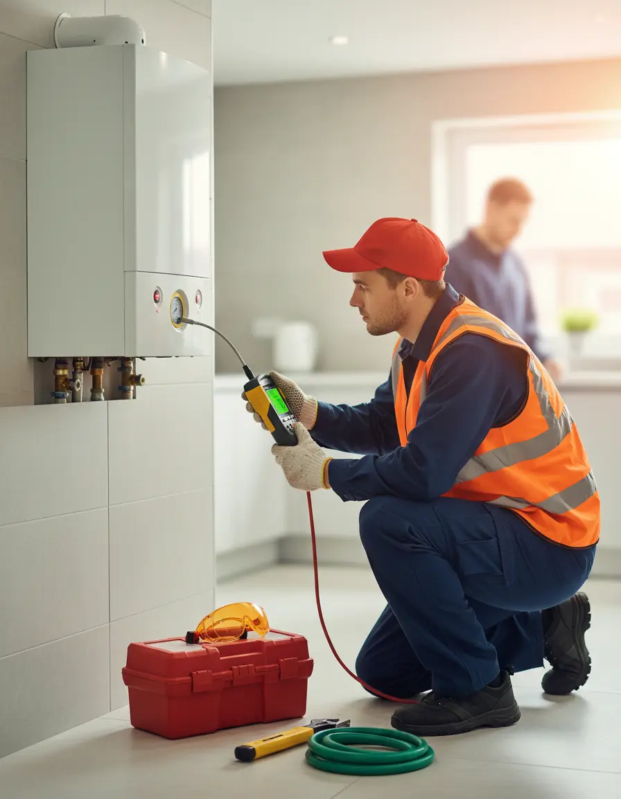 Gas Safe engineer testing boiler with detection equipment