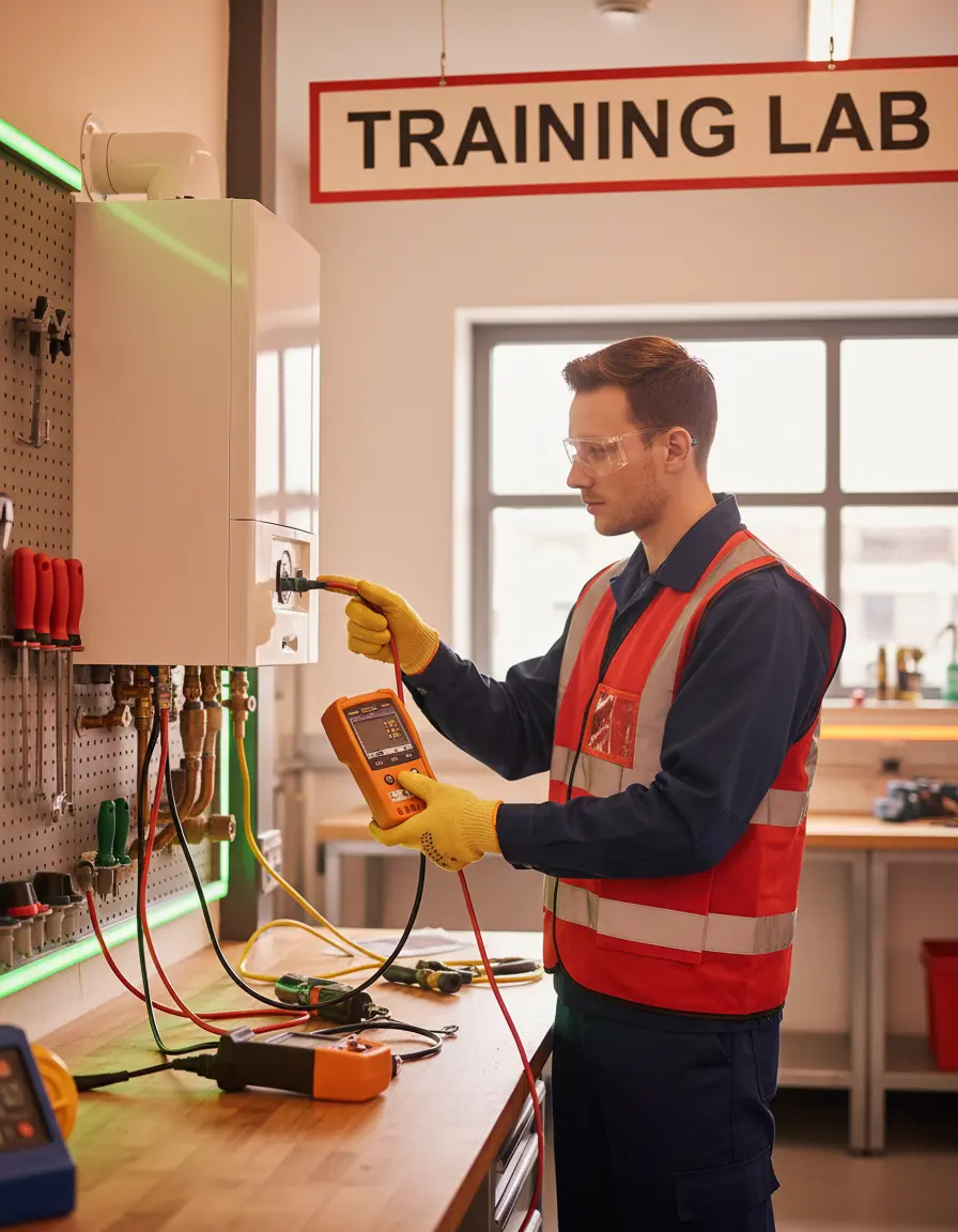 Gas engineer testing boiler with professional equipment