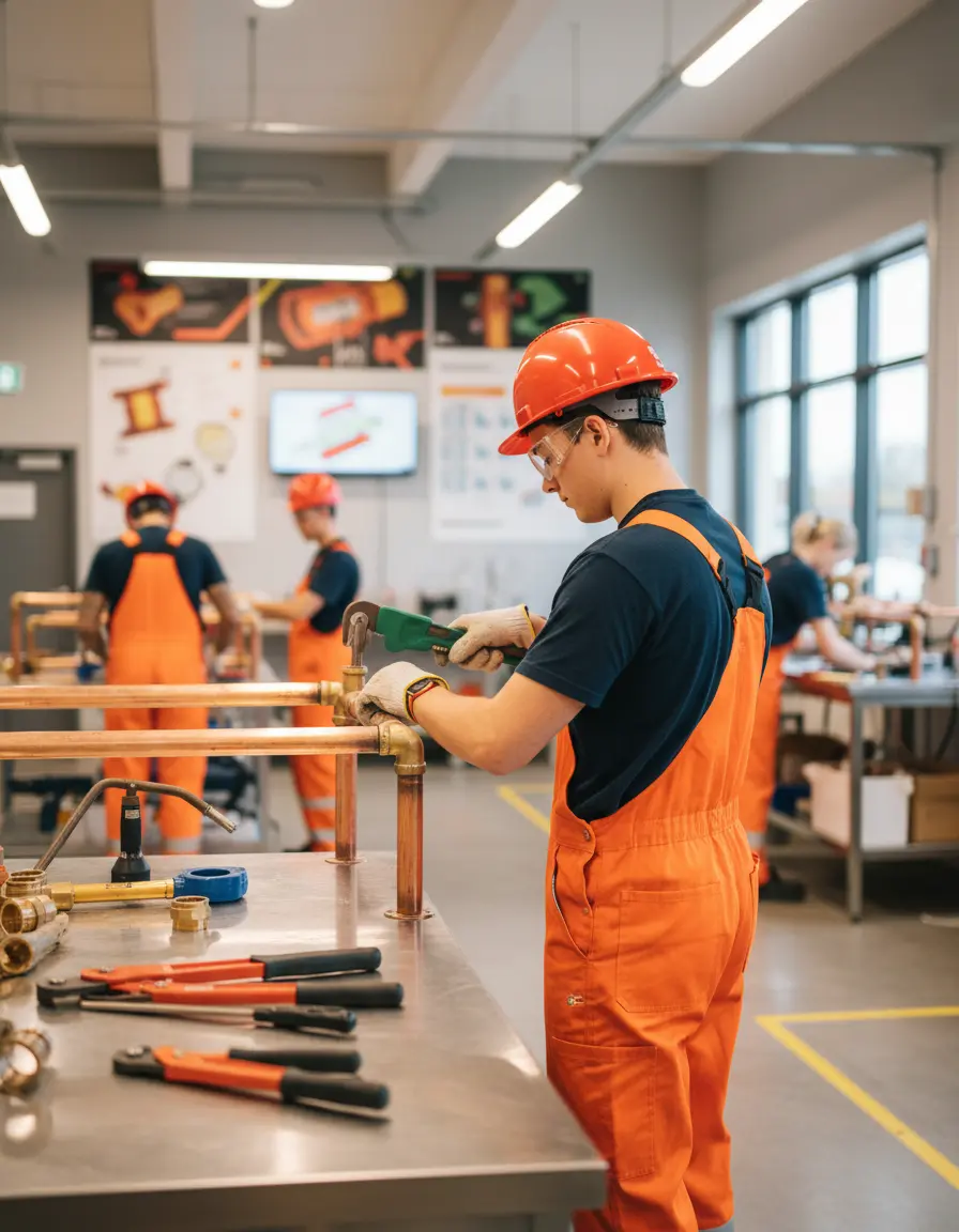 Plumber trainee learning pipe fitting in training workshop