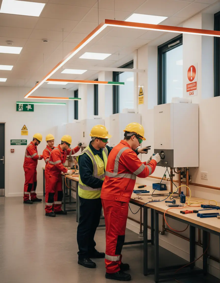 Students learning gas engineering skills in a professional training workshop