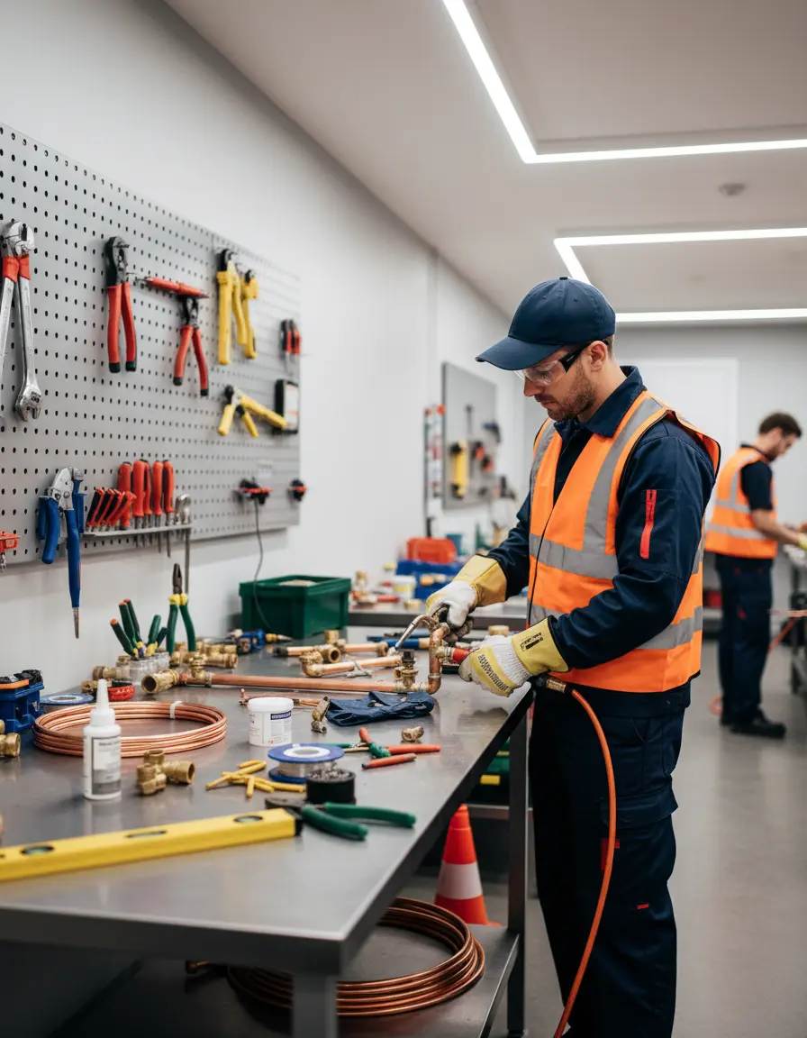 Plumber training in workshop with copper pipes and tools