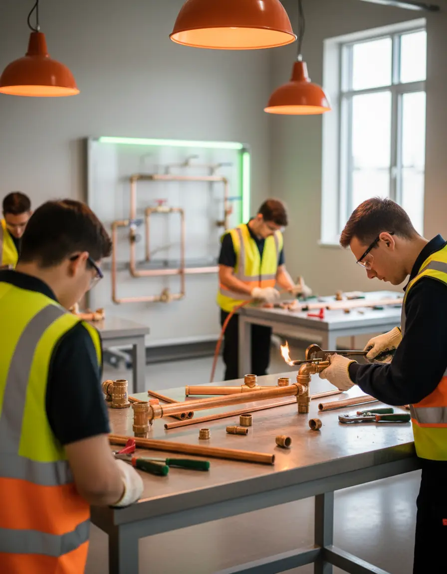 Students learning plumbing skills in a professional training workshop